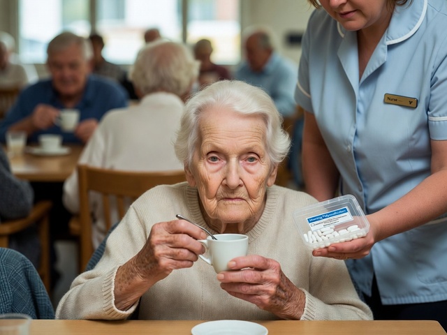 Anciana recibiendo medicación en un entorno de cuidado